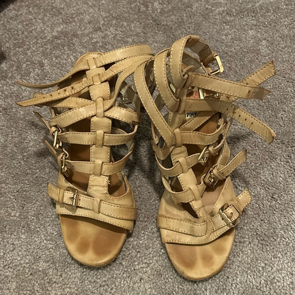 Strappy tan colored leather heeled sandals